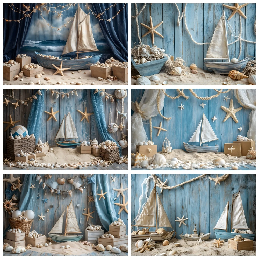 

Summer Sailing Theme Photography Backdrop Wooden Sailboat Beach Children'S Birthday Party Decoration Kids Portrait Background