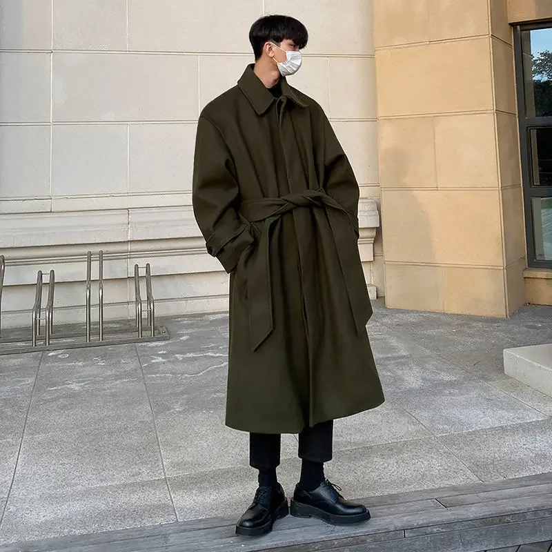 

Winter Men's Woolen Trench Coats Korean Style High Quality Solid Male Loose Casual Trenchcoat Belt Streetwear Windbreaker C69