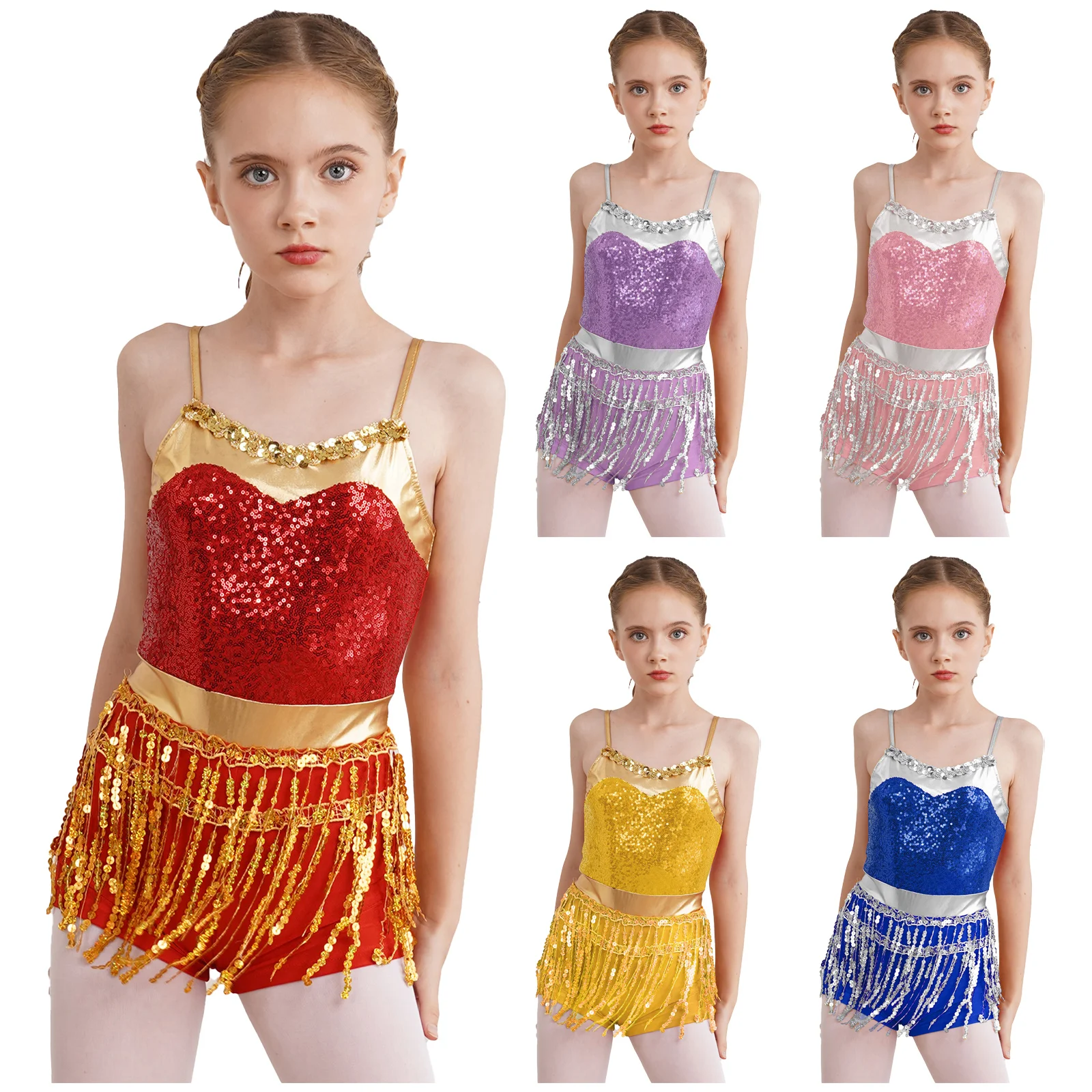 Kids Girls Shiny Sequins Metallic Jazz Latin Samba Dance Leotard Sleeveless Fringe Boyleg Jumpsuit Stage Performance Costume