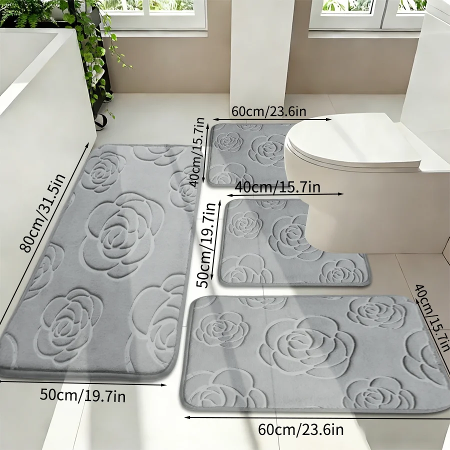 4Pc Coral Fleece Rose Embossed Bathroom Mat Set: Water-Absorbent Non-Slip Memory Foam Foot Mats, Soft Bathroom Toilet Carpet, Comfortable Standing Mat, U-Shaped Toilet Mat