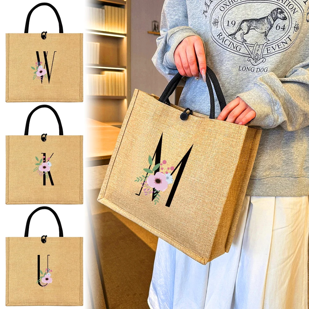 Linen Bag Button Handbag Organizer Storage Jute Tote Bags Imitation Cotton Women Shopping Portable Flower Black Printing Series