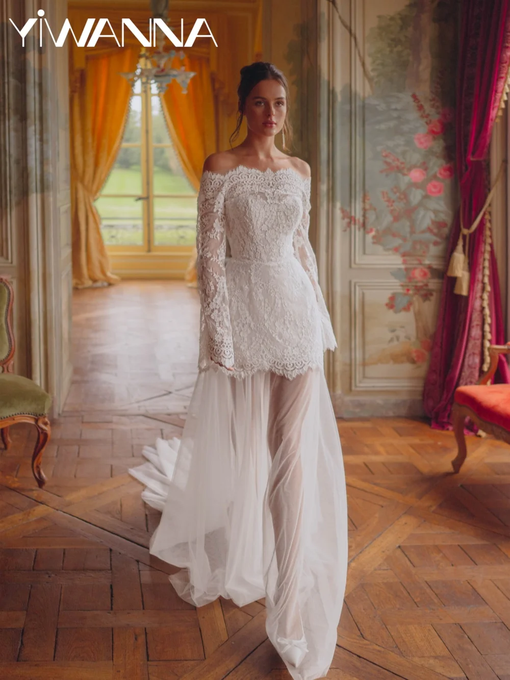 

Dreamy Elegant Lace A-line Wedding Dress Charming Off Shoulder Bridal Gown Customized Simple Floor-length Dresses For Bride