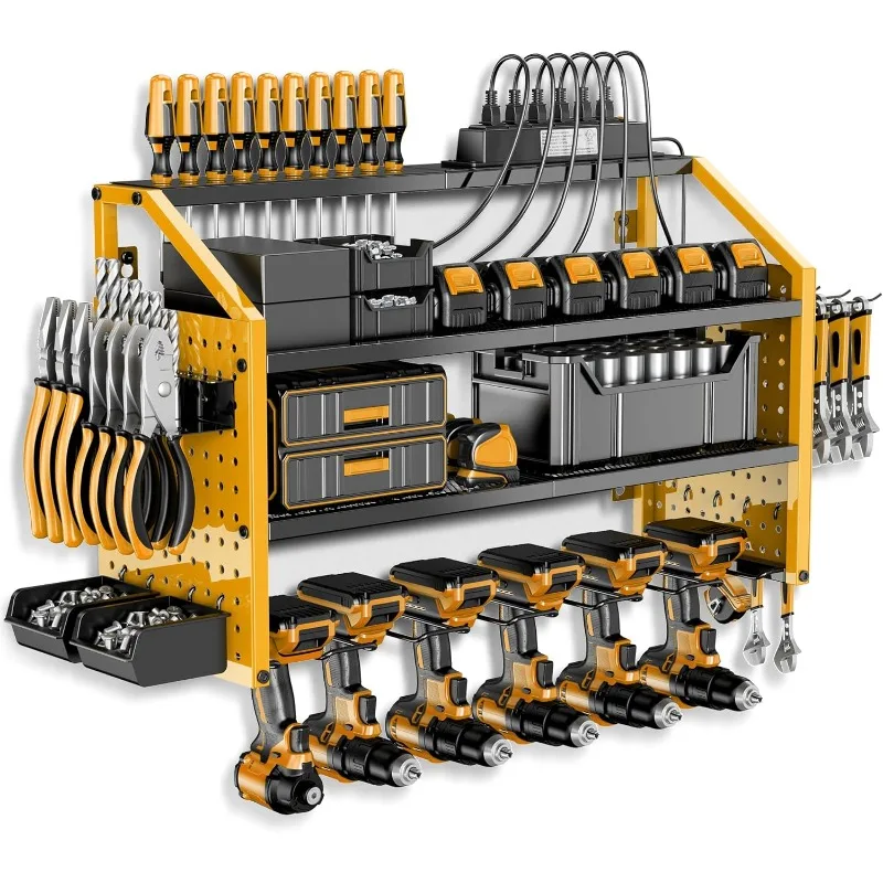 

Organizer Wall Mount with Charging Station. Patented, Heavy Duty Steel, Garage 6 Drill Storage Shelf, 8 Hooks,2 Screw