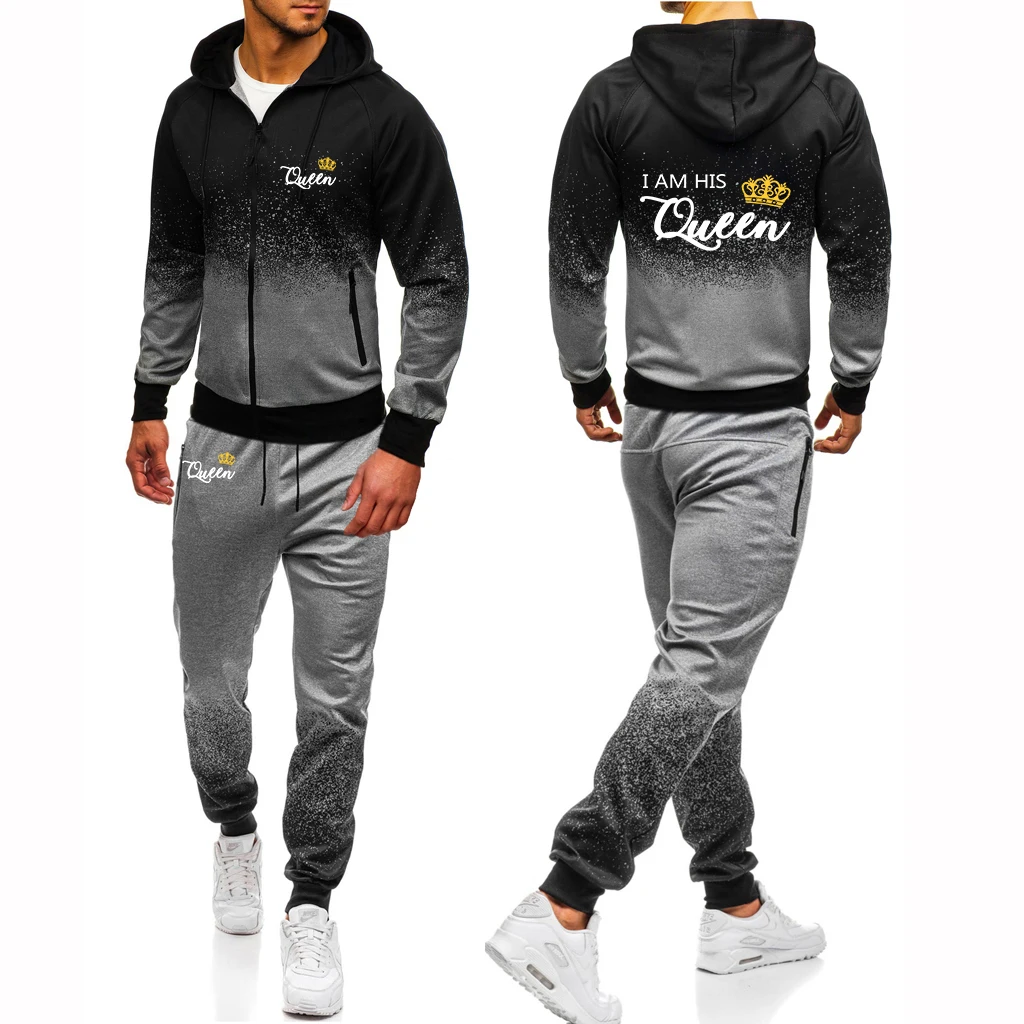 

2024 King Queen Lovers Couples Hoodies Men Print Casual Harajuku Gradient Hooded zipper Jacket Sweatshirt Sweatpants Suit 2Pcs