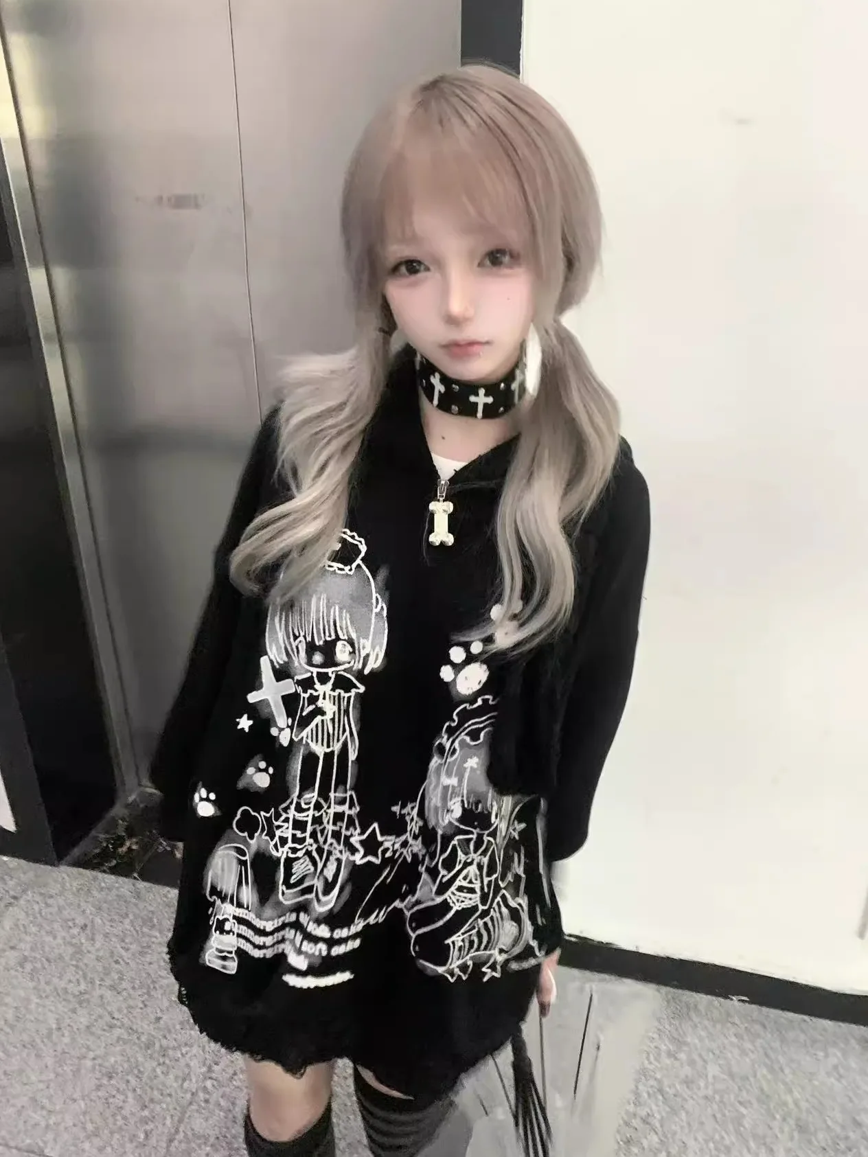 Harajuku Rabbit Ears Ripped Hoodies 2025 Spring Cute Cartoon Lace Loose Long Sleeve Zip Up Jacket Y2k Japanese Sweatshirts