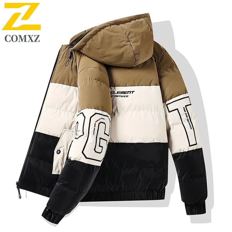 COMXZ 2025 Reversible Color Block Jacket Thickened Hooded Winter Waterproof Windproof Outdoor Sports Warm Tactics cotton-padded