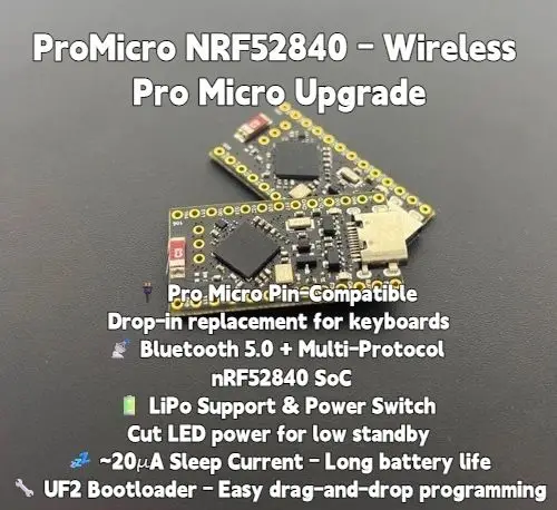 ProMicro NRF52840 Pro Micro Replacement Board, Bluetooth 5.0, 3.7V LiPo, Ultra-Low Power ~20uA, Compatible with Nice!Nano & ZMK