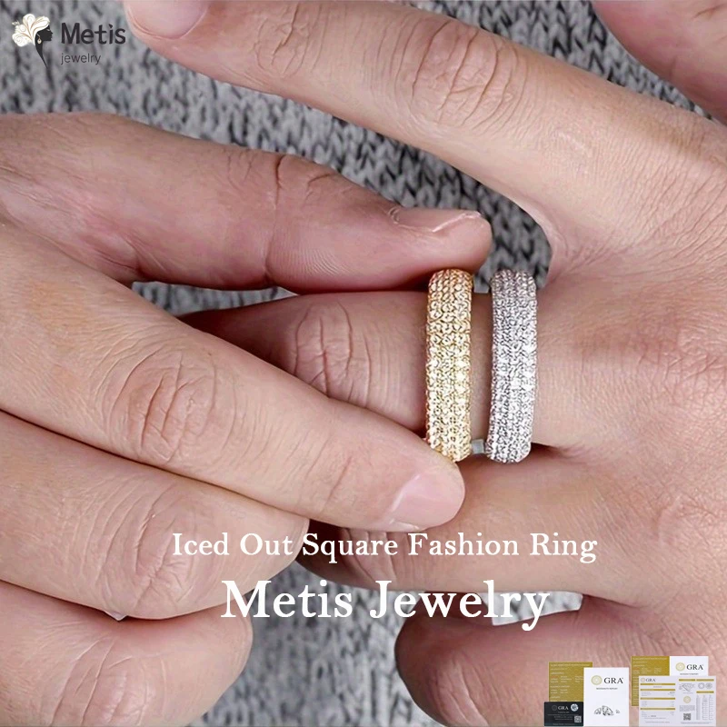 Iced Out Square Fashion Ring 925 Sterling Silver Bling Sparkling Hip Hop Moissanite Ring for Men Moissanite Diamond Ring