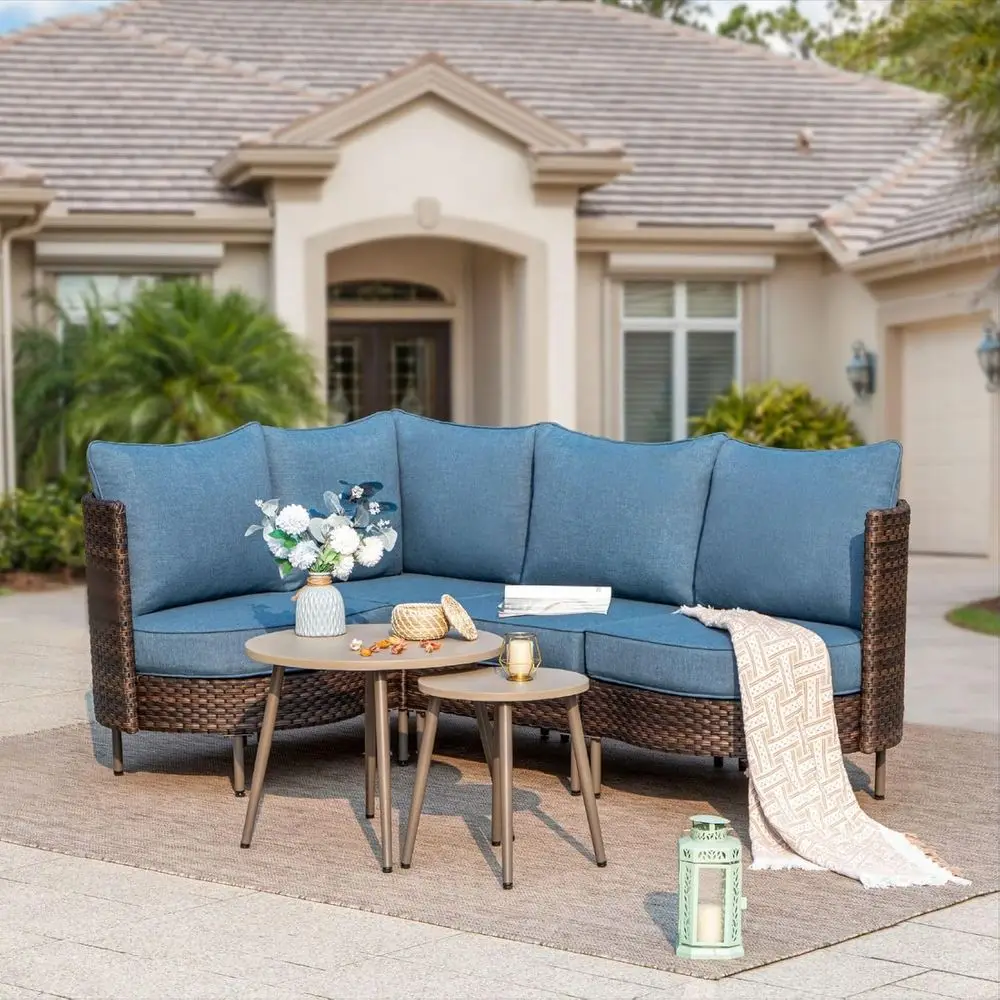 

Blue Curved Outdoor Sofa Set with 4 Seats and Coffee Table for Patio, Porch, or Backyard