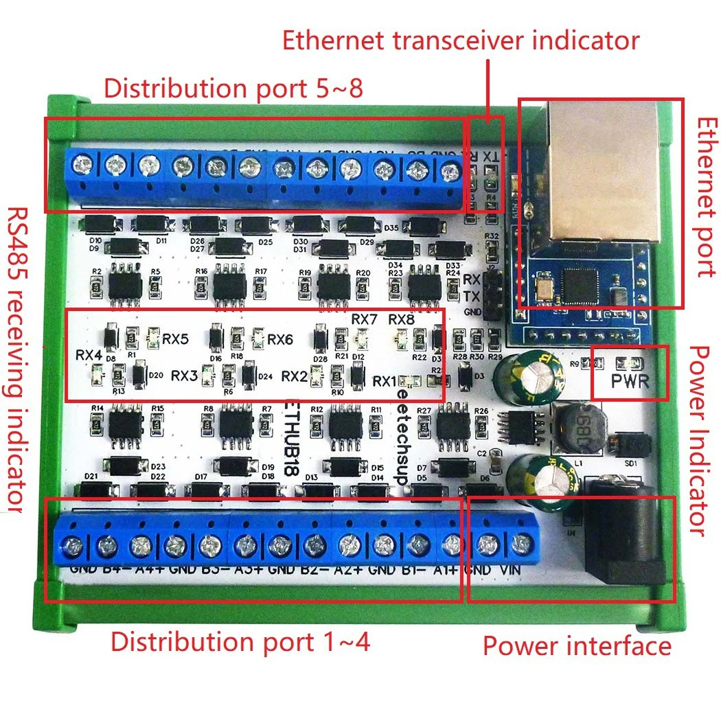 1 to 8 Ethernet Network RJ45 to 8 Port RS485 HUB Converter for UDP TCP Modbus TCP RTU MQTT HTTP PLC Configuration Software