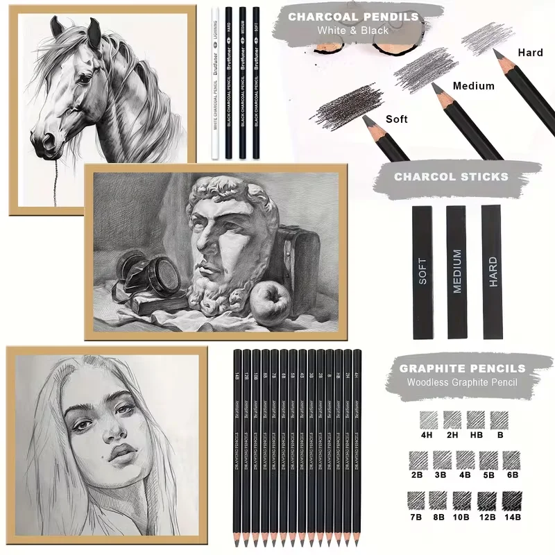 Brutfuner 18/29 Pro Professional Artist Sketching & Drawing Pencil Set with Charcoal, Erasers, Sharpener & Stumps