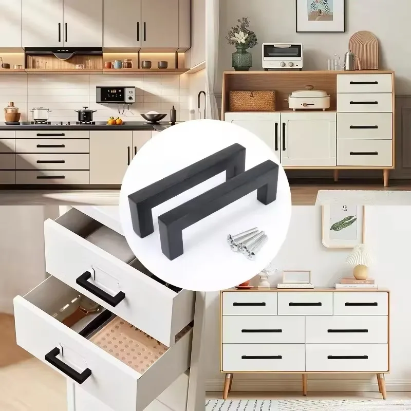 50mm-170mm Black Cabinet Handle Square Furniture Hardware Stainless Steel Kitchen Door Knobs Cupboard Wardrobe Drawer Pulls