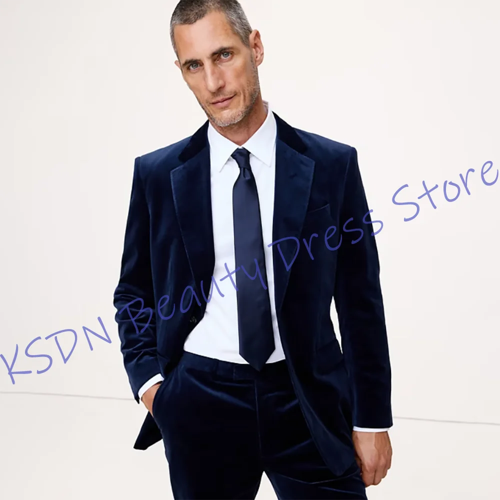 

Luxury Men's Navy Blue Velvet Blazer & Pants Set Formal Two-Piece Suit Elegant Jacket+Pants for Evening Wedding Parties