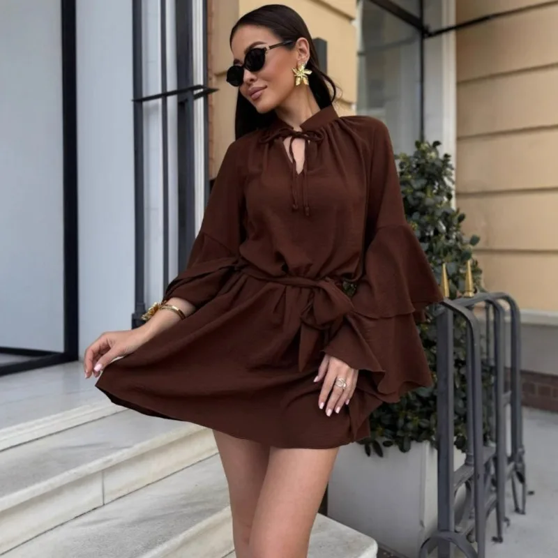 Ticketsx Fashionable Ruffled Mini Dress Elegant V-neck Lace-up Solid Pleated Dress Casual Autumn New Style Women Dress Vestidos
