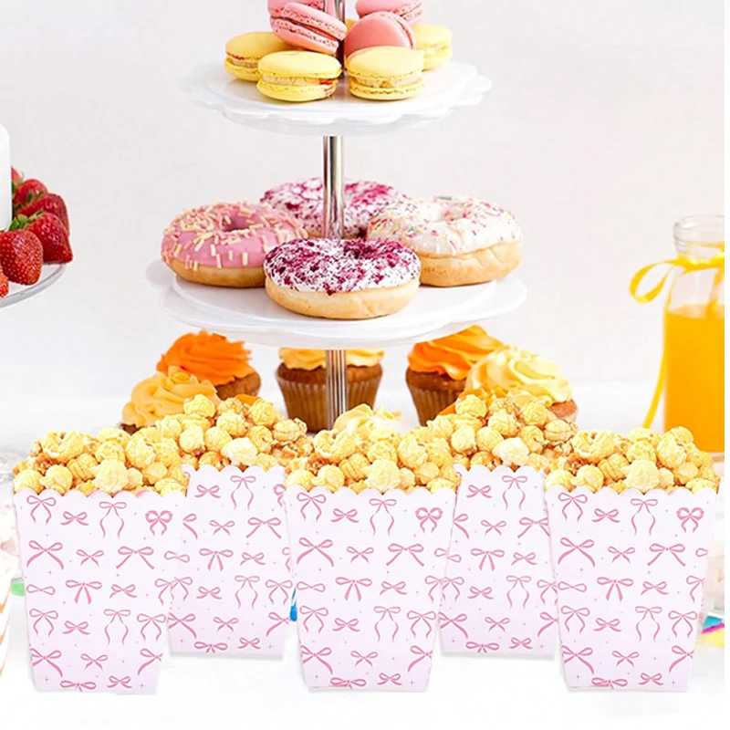 6-18PC Rosa Schleife Papier Popcorn Boxen Weihnachten Fliege Snack Candy Boxen Mädchen Party Geschenk Box für BBQ Französisch Frites Party Dekoration – Detail 7