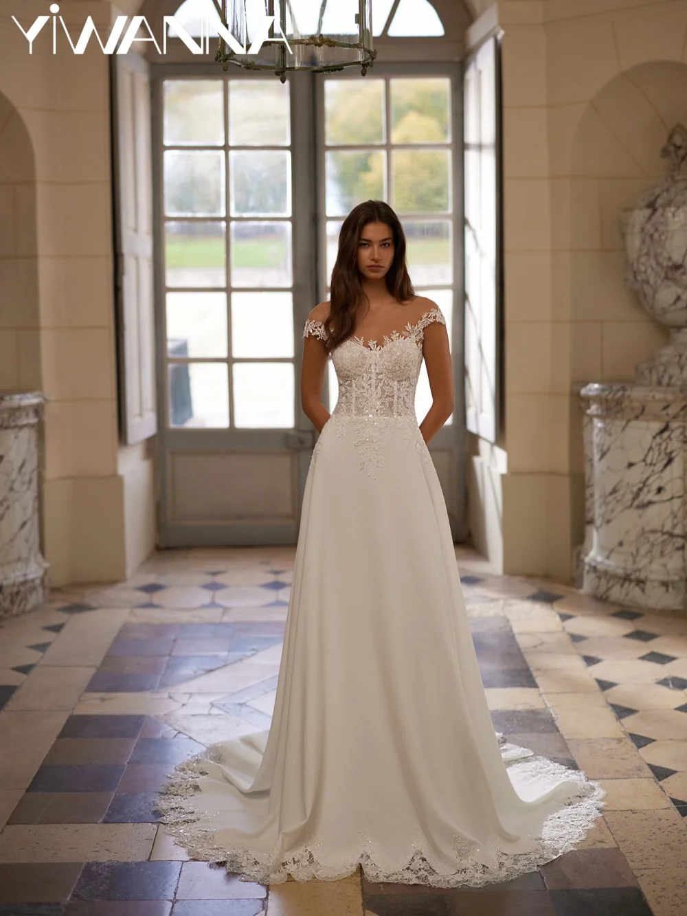 

Ivory Shimmering Beaded Wedding Dress Classic Oneck Short Sleeve Bridal Gown Customized A-line Satin Long Dresses For Bride