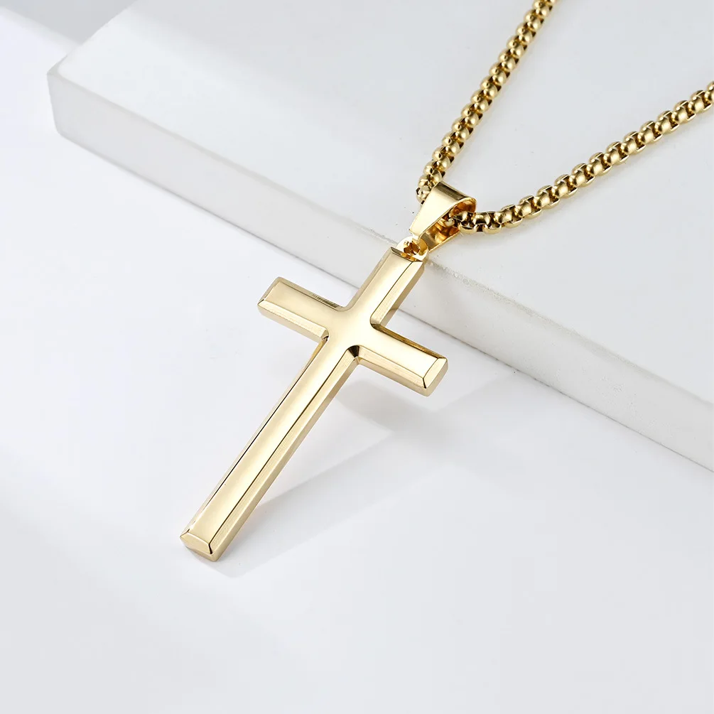 Mens Women Chain Necklace Black Cross Stainless Steel Pendant 3mm Gold Color Box Chain Fashion Peace Faith Divine Couple Gifts