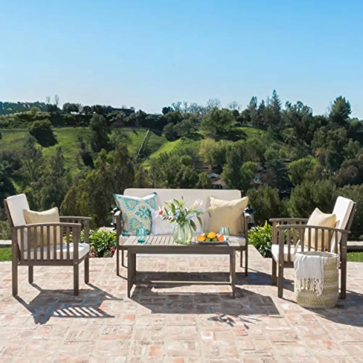 Carolina Acacia Outdoor Chat Set with Grey Frame and Cream Upholstery Featuring Two Club Chairs One Loveseat and One Coffee Tabl