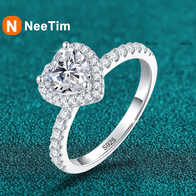 NeeTim 1ct Heart Shape Moissanite Ring for Women Wedding Eternity Band Sterling Silver 925 with White Gold Plated Rings with GRA