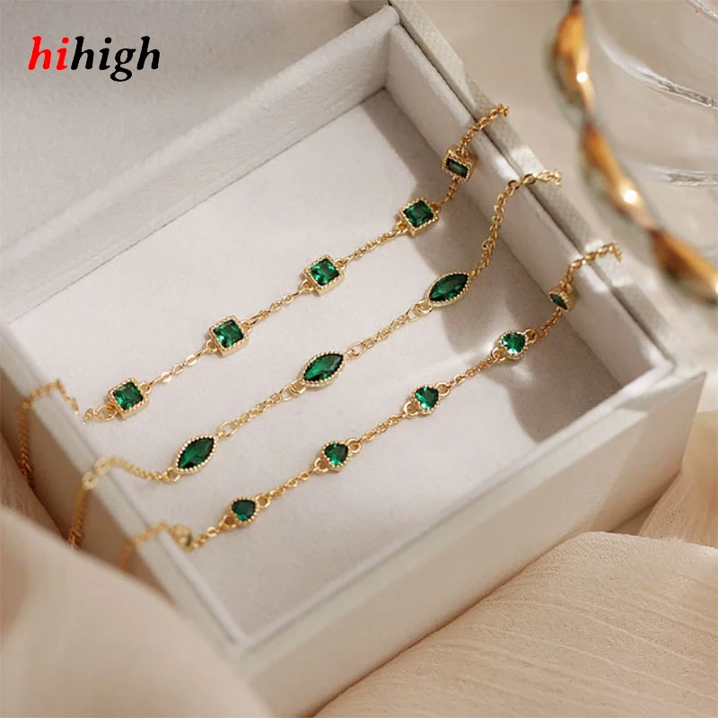 

S925 Sterling Silver Plated with 14K Gold Emerald Zircon Bracelet Show Temperament Simple generous