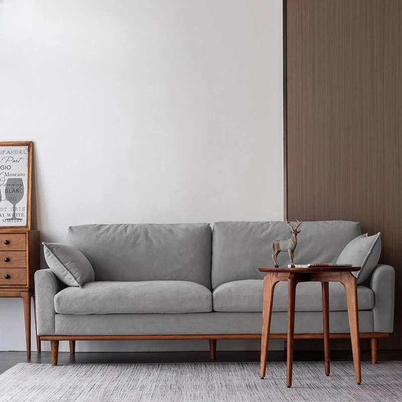 Small apartment living room down three-person fabric sofa, ash wood