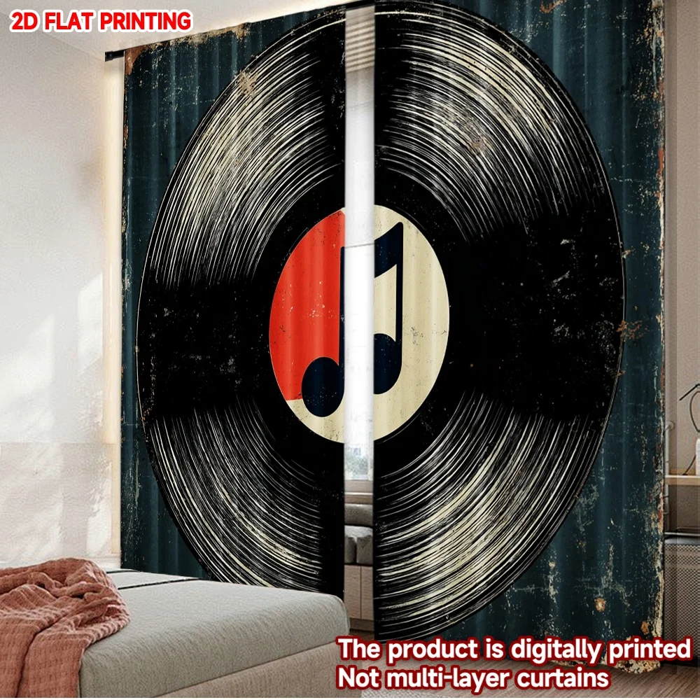 2pcs Vinyl Record Curtains Digital Printing, Retro Music Note Pattern in Red White Black for Living Room Music Lover Decor
