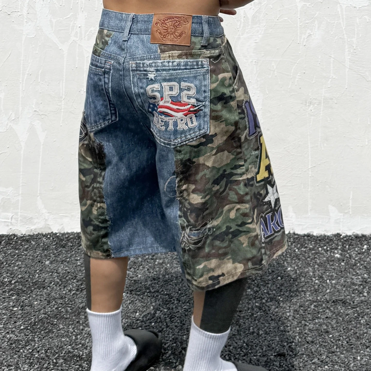 American Retro Street Camouflage Letter Embroidery Loose Fit Five Men Streetwear Short Pants Cotton Denim Patchwork Women Shorts