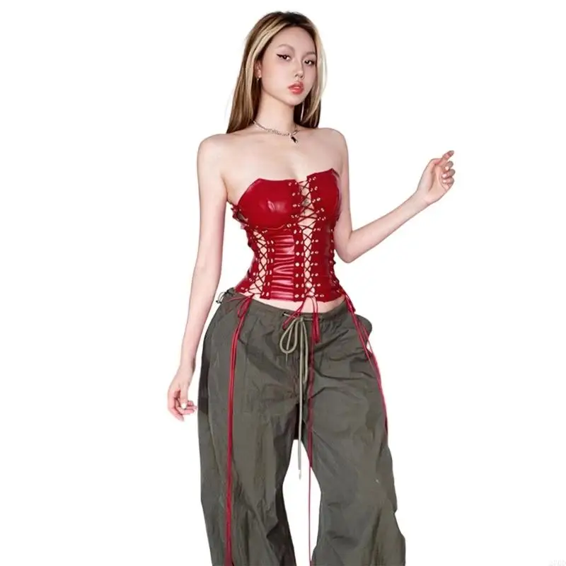 Faux Leather Tube Top Strapless Going Out Tops Bandeau Crop Top Raves Concert Outfits for Womens Girls