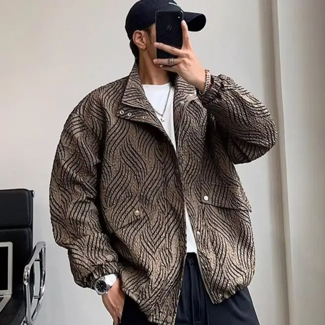 

New spring and autumn style personalized wrinkle texture flocking stand collar jacket for men's American casual jacket