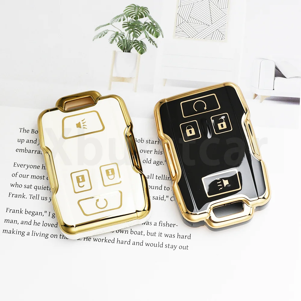 4 Button Gold Edge TPU Auto Shell Fob Holder Car Key Case Cover Bag For GMC Canyon Sle Sierra 3500HD Chevy Colorado LT Silverado