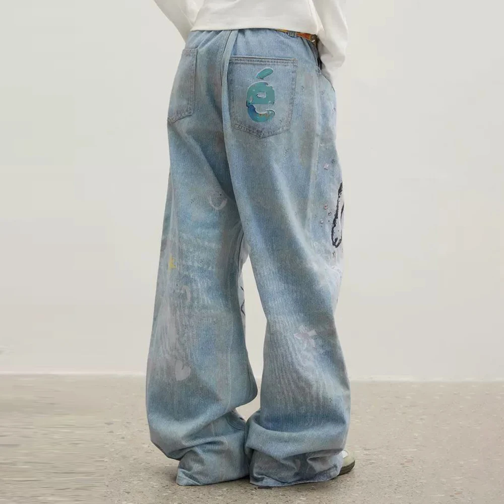 Niche design hand-painted Dalmatian jeans broken diamond printed straight-leg pants  streetwear women korean