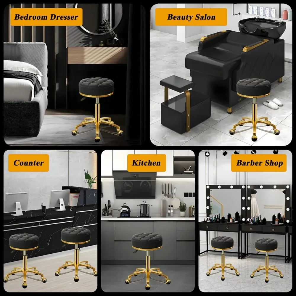 Rolling Stool, PU Leather Round Swivel Chair, Salon Spa Roller Stool, Titanium Gold Base, Adjustable 43-55 cm