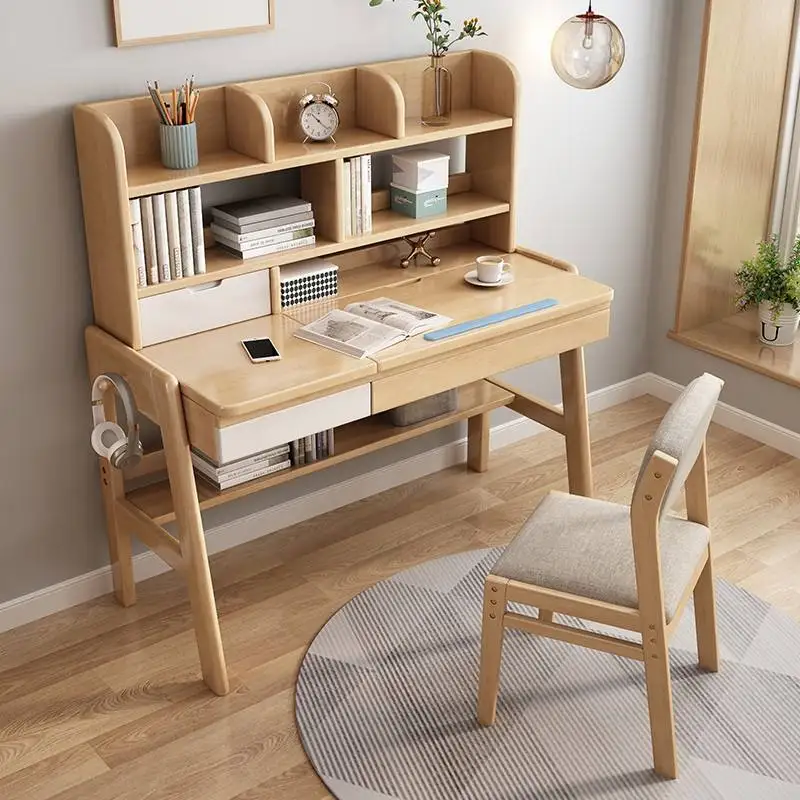 *Multifunctional Solid Wood Foldable Study Table Chair Set with Drawer Durable for Primary Secondary School Boys Girls