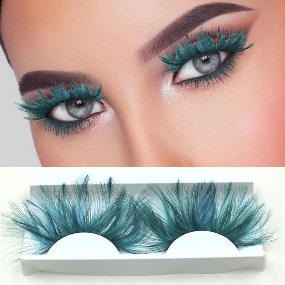 1 Pair 3D Artificial Feather Eyelashes Natural & Dense Green Color Fake Lashes Extension Art Party Makeup Fake Eyelashes