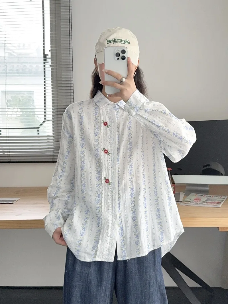 Mori kei clothing long sleeve shirts for women autumn Japan style rustic cotton yarn lace patchwork print shirts and blouses