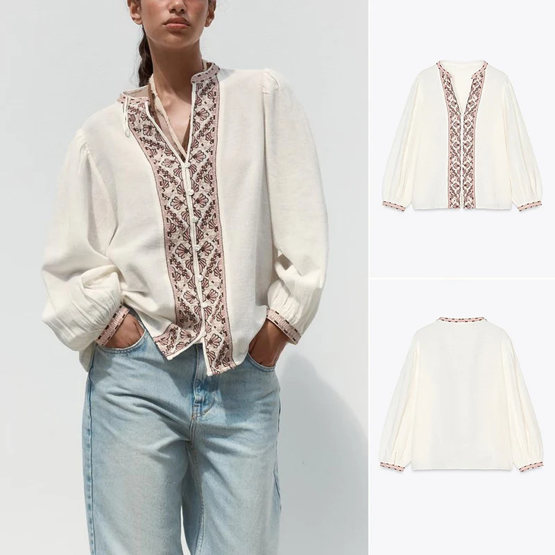 

Summer New Arrival Women's Comfortable Embroidered V-Ne Casual irt Top Loose Fit Long Sve Commute Sle Pure Color