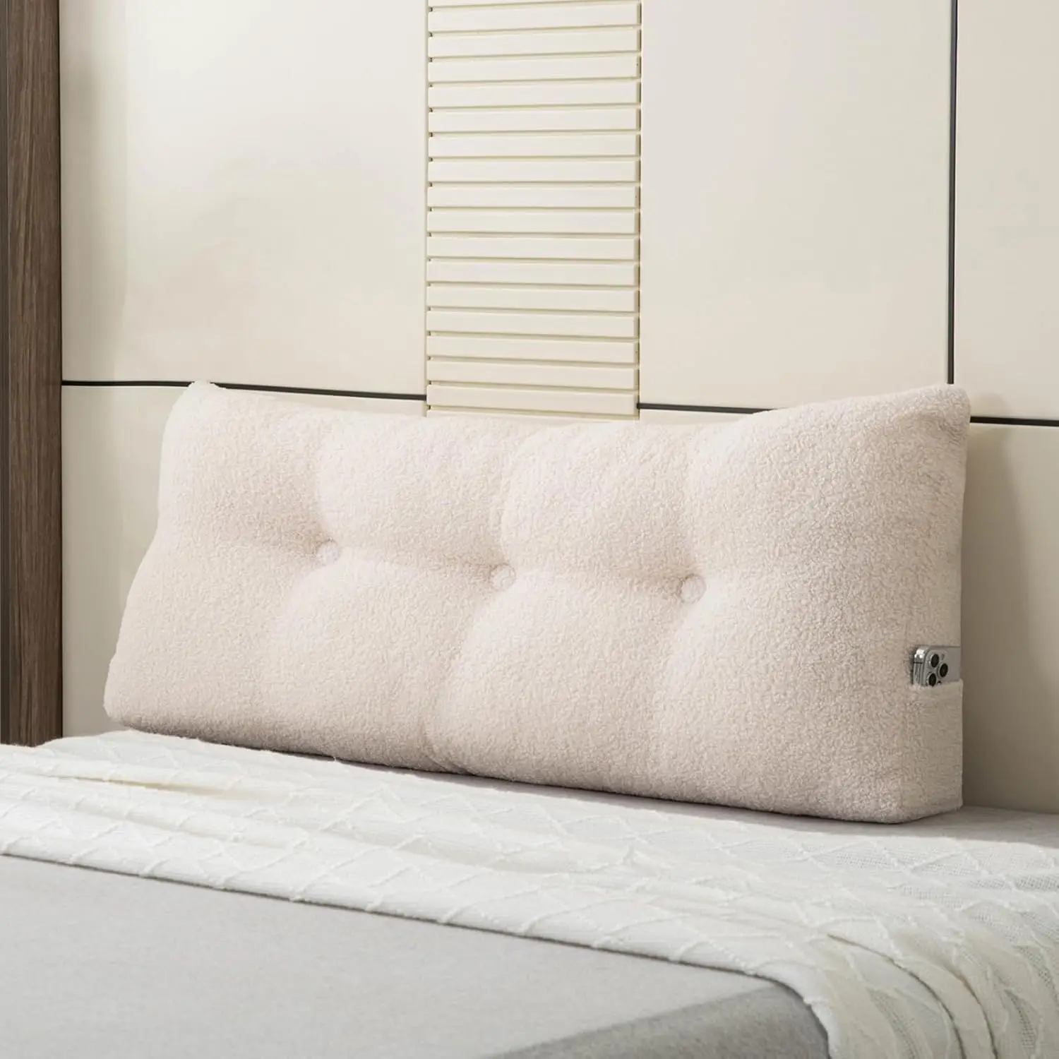 Twin XL Headboard Pillow for College Dorm – 39x4.7x15.7 Inch Wedge Reading & Sleeping Pillow with Side Pocket, Teddy Fleece Cover & 5D PP Cotton Fill