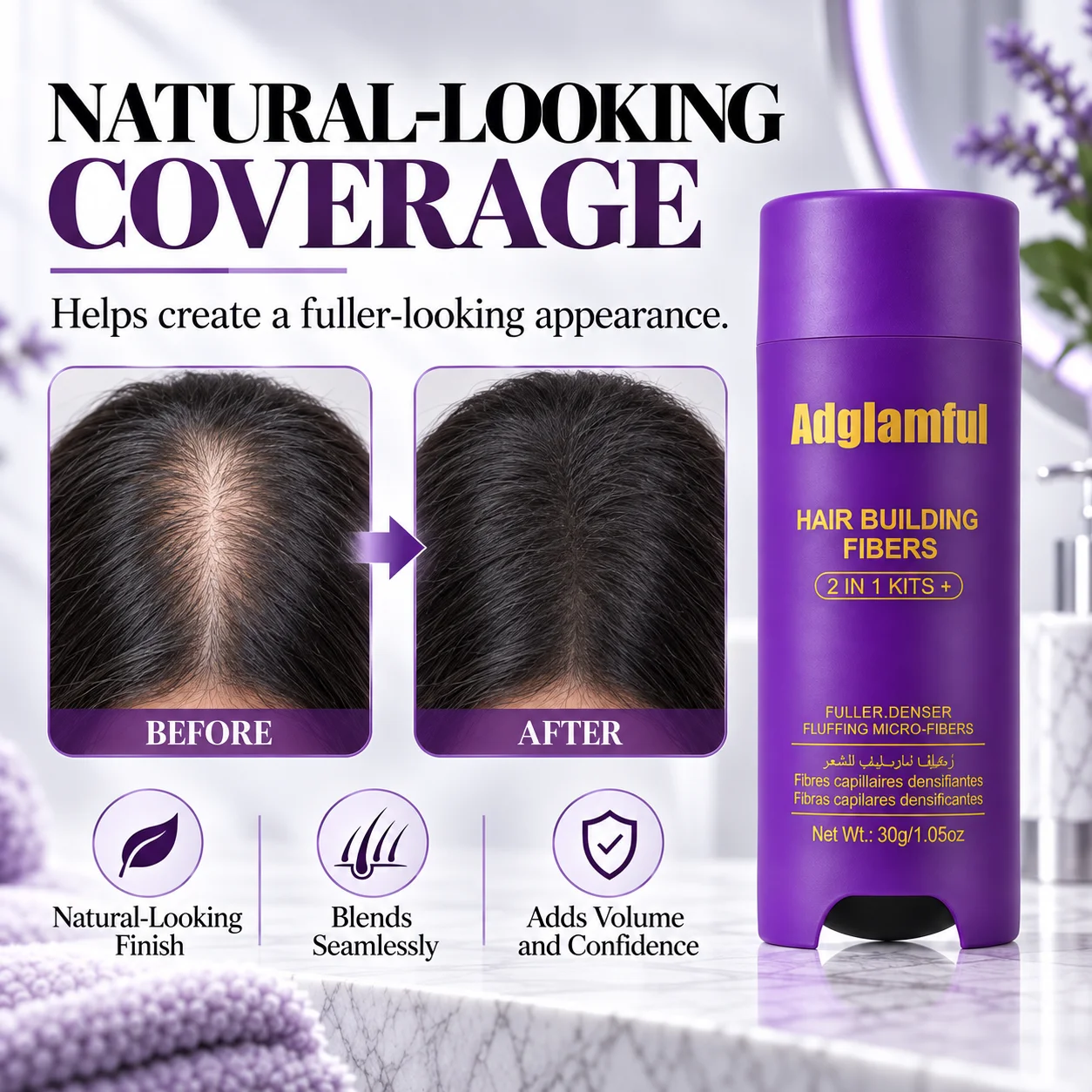 Adglamful Hair Building Fibers 30g, 2-in-1 Bottom Press Hair Fiber Powder with Precision Sifter for Fuller-Looking Hair