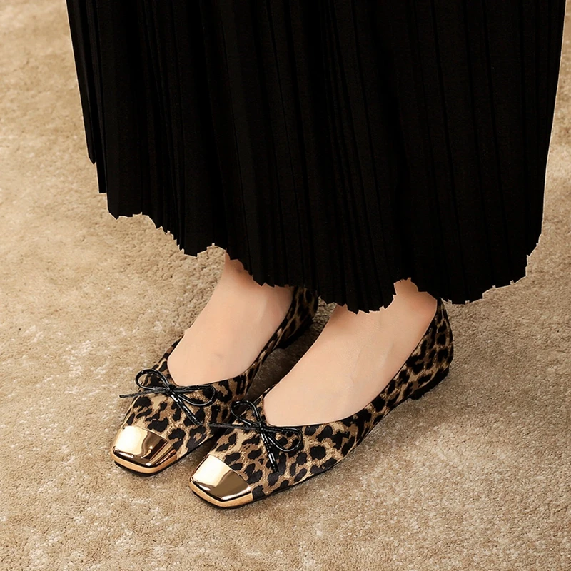 

Women's new European and American Spring and Autumn square toe low heel bow leopard print ballet shoes fashion shoes