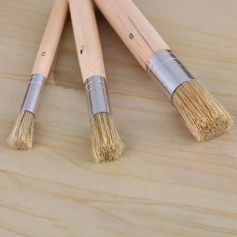 3PCS Set Wooden Stencil Brush Chalk Paint Natural Pure Hog Bristle brush Round