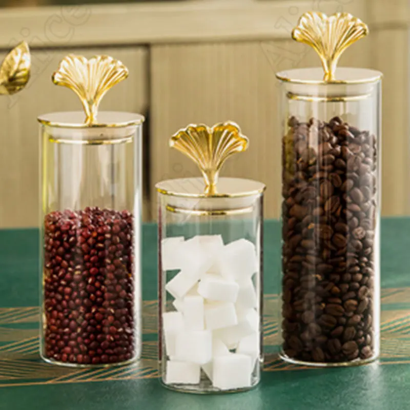 Kitchen Items Moisture-proof Sealed Cereal Storage Jar Brass Apricot Leaf Cover Embellishment Creative Home Glass Jars with Lid