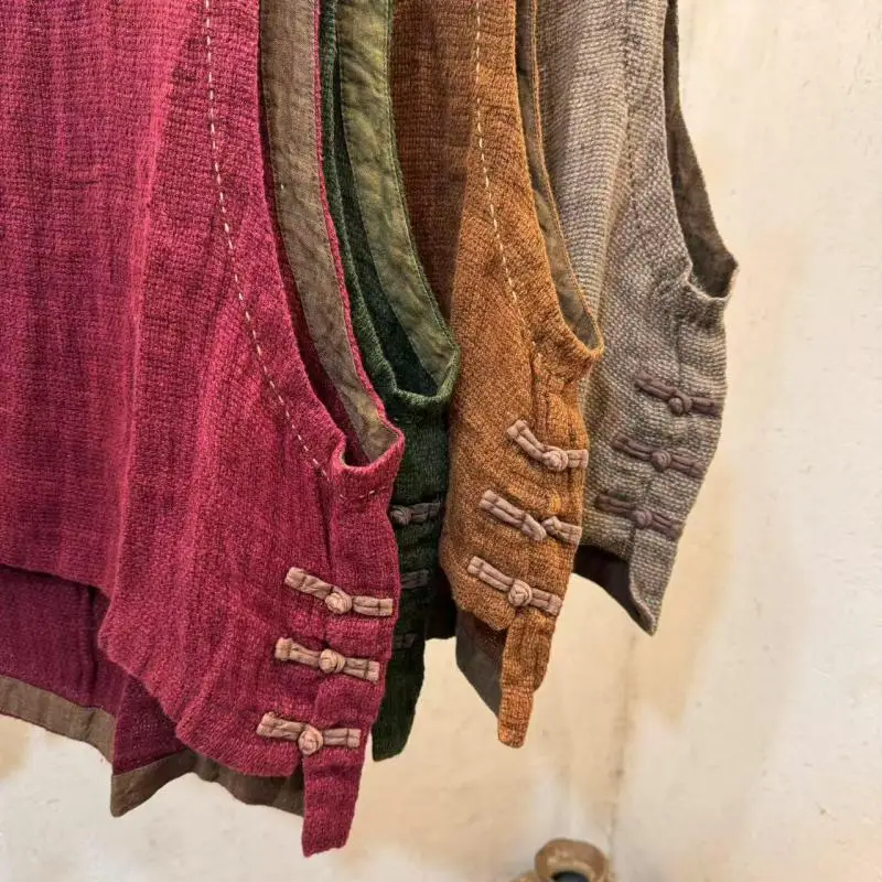 Spring Summer New Arts Style Women O-neck Loose Sleeveless Coats Good Quality Vintage Button 100% Linen Pullover Vest B11312025
