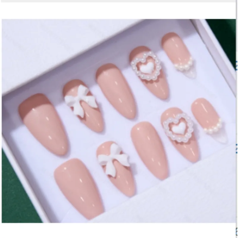 

10Pcs Handmade Nails Nude Pink Almond-Shaped Pearl French Tips with Press-On Design Perfect Gift for Women and Friends