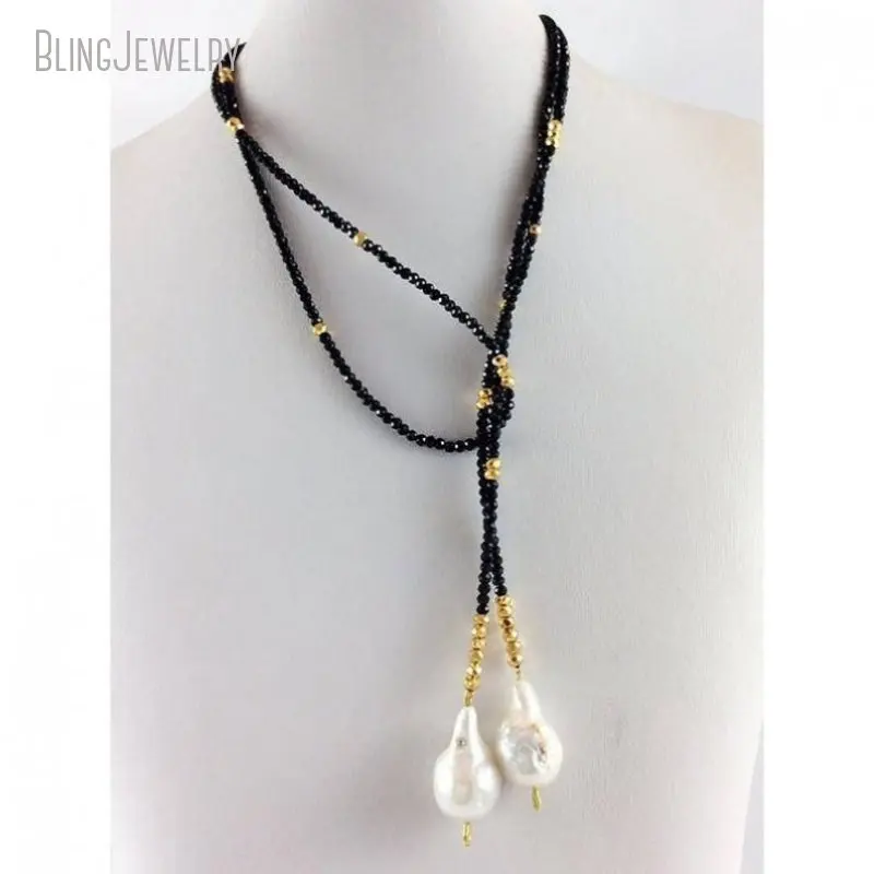 10pcs Gold Color Pyrite Black Crystal Bead Lariat Necklace Freshwater Baroque Pearl  Long Layered Women Jewelry