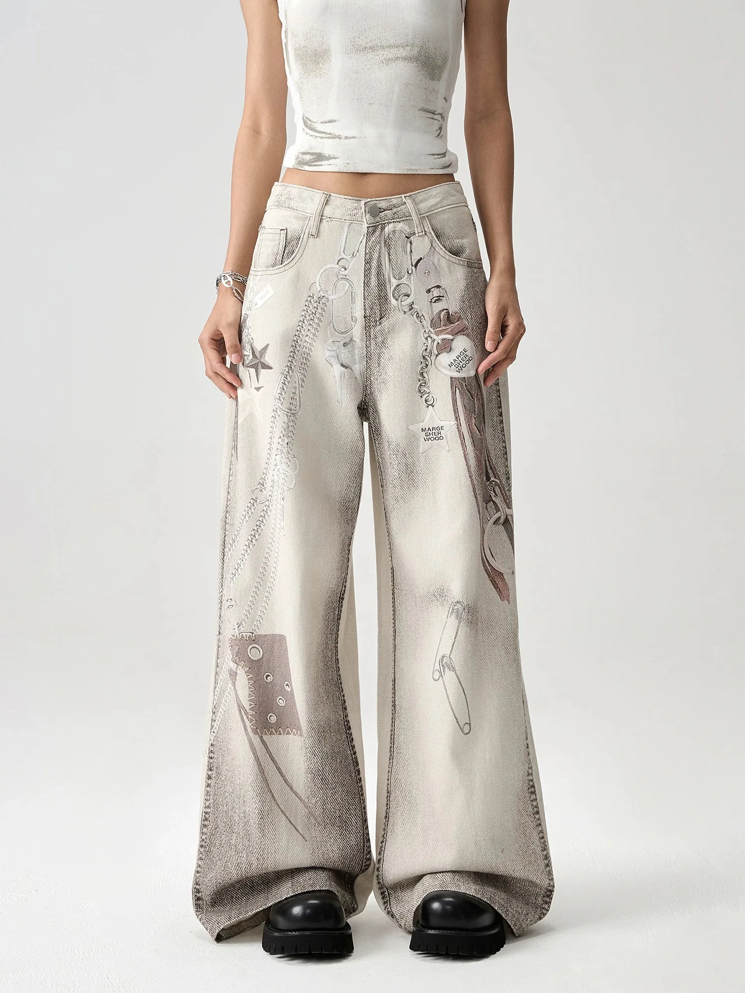 

Women's Khaki 3D Printed Jeans Summer Y2k Aesthetics High Street American Retro Loose Straight Floor Pants Trendy Wide-Leg Pants