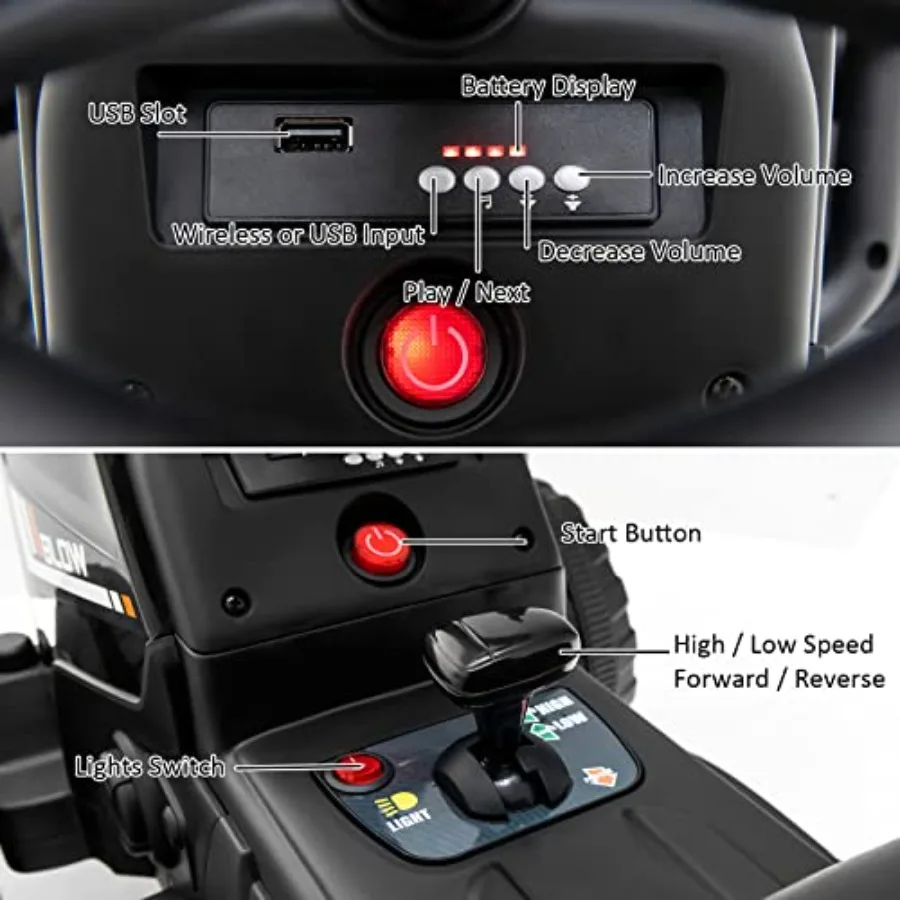 Ride On Tractor with Trailer 12V Electric Vehicle for 3-Gear-Shift Ground Loader LED Lights Horn Music Battery Powered Ride On