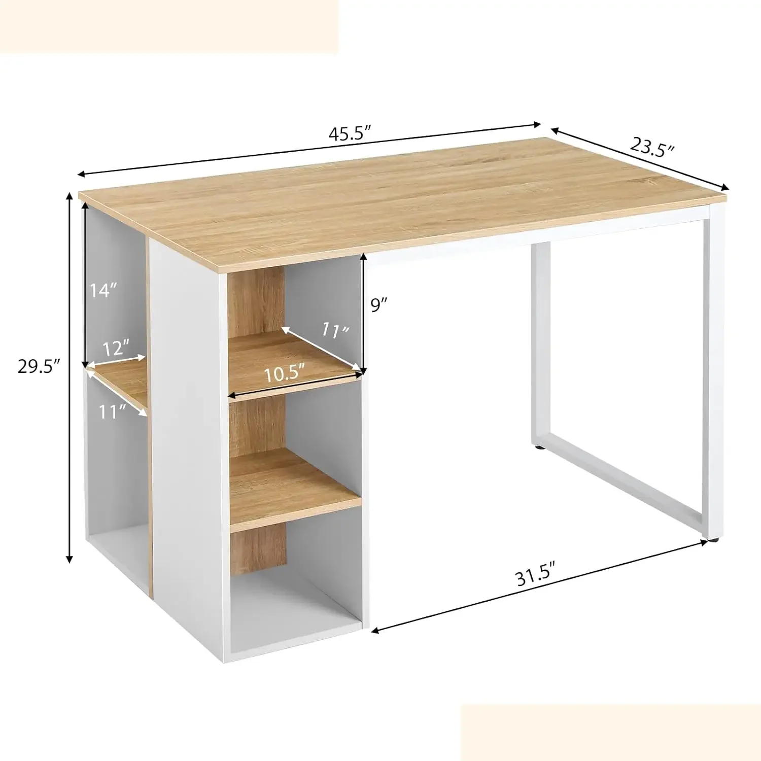 Bureau d'ordinateur avec étagères de rangement, bureau à domicile avec 5 étagères latérales et cadre en métal, ordinateur portable peu encombrant