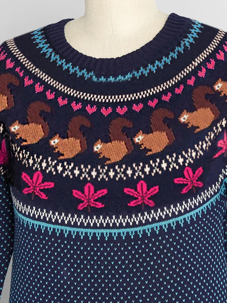 Yangelo Kleine Eichhörnchen Gestrickte Pullover frauen Winter Warm Langen ärmeln Lose Rundhals Pullover Halloween Goth Mädchen Top