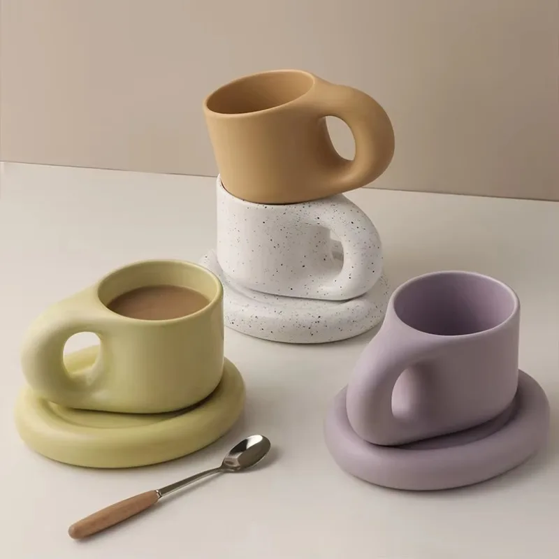 Nordic Ins Style Chubby Ceramic Coffee Cup And Saucer Set Creative Unique Morning Tea Drinking Mug