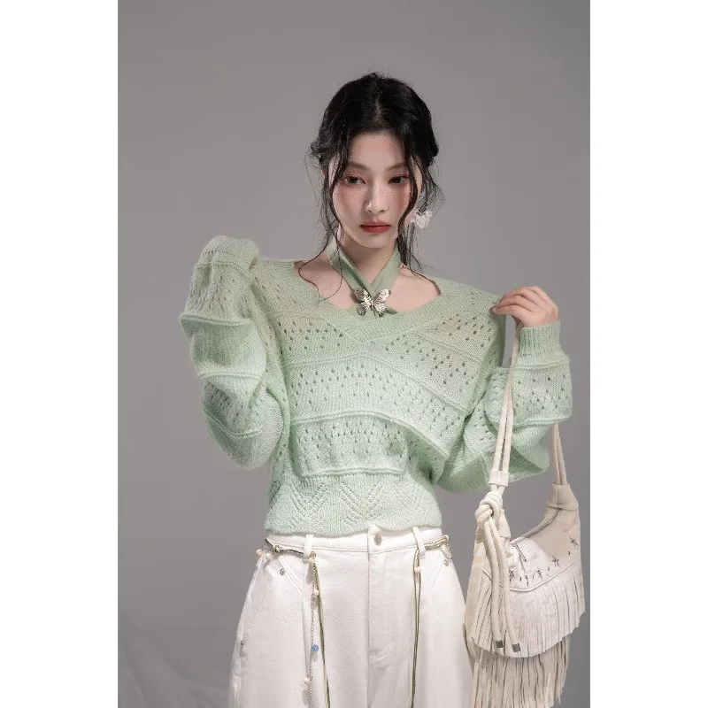2026 Early Spring Breathing Feeling Comfortable and Thin Spring Green, Hollow Wool Neck Vest Two-piece Set